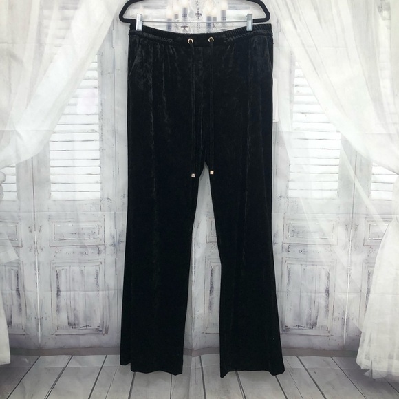 Calvin Klein Size 14 Black Crushed Velvet Wide Leg Trouser Pants Drawstring - Picture 1 of 11